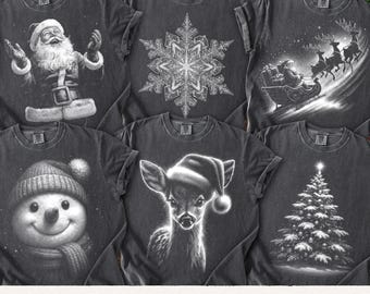 May include: A collection of six dark gray t-shirts with various Christmas-themed designs. The designs include Santa Claus, a snowflake, Santa in a sleigh, a snowman, a deer wearing a Santa hat, and a Christmas tree. The text "Premium Digital Files" and "N. 237" are also visible.