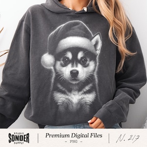 Christmas Husky Puppy PNG, Cute Dog Santa Hat Design, Realistic Holiday Pet Art, Festive Winter Dog Graphic, DTF DTG Print File, Xmas Png