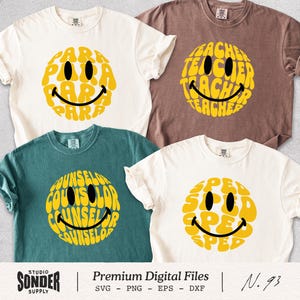 May include: Four t-shirts in cream, brown, teal, and white, each with a yellow smiley face design. The smiley faces are filled with words like "PARA," "TEACHER," "COUNSELOR," and "SPED." The bottom of the image includes text for "Premium Digital Files."