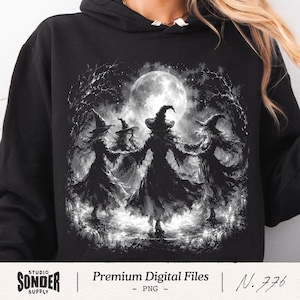 Dancing Witches Halftone PNG, Coven Moon Ritual, Gothic Halloween Graphic, Vintage Spooky Artwork, Mystic Shirt Print Design, Witchcore Art