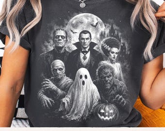 Classic Halloween Monsters PNG, Vintage Horror Characters Artwork, Dracula Ghost Werewolf Mummy Bride, Spooky Halftone Design, Horror Film
