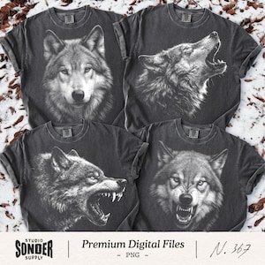 May include: Four charcoal gray t-shirts with detailed black and white wolf portraits. Each shirt features a different wolf expression: a frontal view, howling, snarling, and baring teeth. The text "Premium Digital Files - PNG - N. 367" is at the bottom.