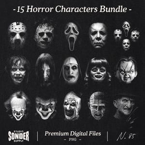 Paquete de imágenes PNG de personajes de películas de terror, diseño de camiseta vintage de Halloween con semitonos, terror retro espeluznante, película de Halloween, impresión DTF de temporada espeluznante