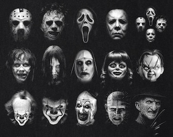 Bundel met PNG-afbeeldingen van horrorfilmpersonages, vintage Halloween-halftoon shirtontwerp, retro griezelige horror, Halloweenfilm, spookachtig seizoen DTF-print
