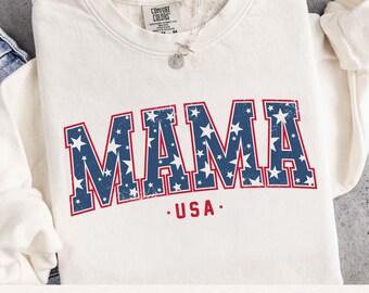 Mama USA PNG, Distressed Patriotic Varsity Shirt Design, Vintage 4th of July Graphic Tee for Women, Independence Day America Art, Print DTF