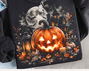 Jack O Lantern PNG, Vintage Halloween Graphic Art, Haunted House Pumpkin Illustration, Spooky Season Moon Graphic, Gothic Fall Shirt Design