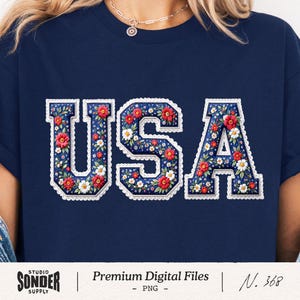 Coquette USA PNG, Floral Patriotic Lettering Graphic, Preppy 4th of July Art, Girly Independence Day Shirt Artwork, Retro American Patchwork