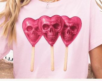 Heart Skull PNG, Creepy Cute Lollipop PNG, Gothic Candy Skull Shirt Design, Spooky Halloween PNG, Retro Horror Valentine Skull Shirt Design