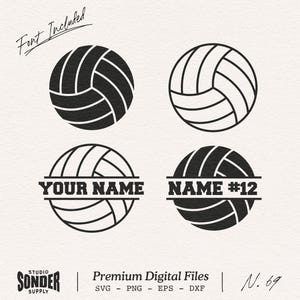 May include: Four black and white volleyball graphic designs. Two are solid volleyball icons, and two are split volleyball designs with text placeholders reading "YOUR NAME" and "NAME #12". The text "Font Included" appears in the top left corner.
