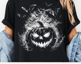 Spooky Pumpkin PNG, Halloween Ghost Pumpkin Shirt Design, Creepy Bat Jack O Lantern Graphic, Vintage Halftone Horror Artwork Tee, DTF Print