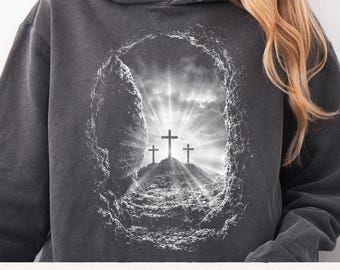 Empty Tomb Crosses PNG, He Is Risen Christian Design, Resurrection Scene Illustration, Easter Faith Artwork Vintage Halftone Religious Shirt