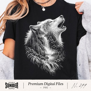 May include: A black t-shirt featuring a detailed white graphic of a howling wolf. The wolf's fur integrates a landscape scene with a cascading waterfall, a flowing river, and dense pine trees. The design is centered on the chest of the shirt.