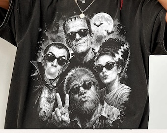 Classic Monster Selfie PNG, Funny Halloween Monsters Halftone Graphic, Dracula Frankenstein Bride Werewolf Retro Horror Shirt Design Gift