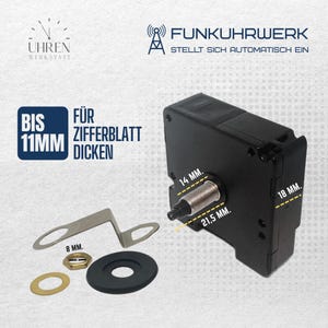 Könnte beinhalten: Ein schwarzes Uhrwerk mit einer silberfarbenen Feder und einem schwarzen Zifferblatt. Das Bild enthält den Text "FUNKUHRWERK" und "STELLT SICH AUTOMATISCH EIN". Das Uhrwerk ist 18 mm breit und 21,5 mm lang. Das Bild zeigt auch eine Halterung und andere Uhrteile.