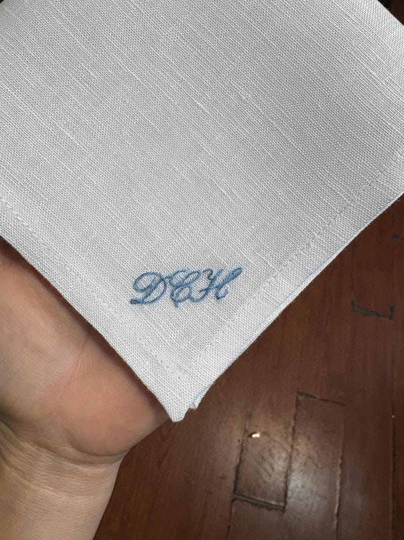 HandWritten Personalized Embroidered Linen Handkerchief, Wedding/Anniversary Handkerchief, Keepsake Gift, Pocket Square Mono/Initials Hankie image 7