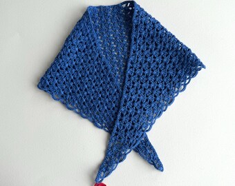 Pañuelo de algodón tejido a mano a crochet — Bufanda triangular de encaje para el cuello, azul oscuro/índigo, NO34