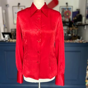 Vintage Red Satin Blouse: 90s Evening Top with Logo Buttons
