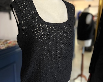 Black Openwork Wool Vest, Handmade Sleeveless Knit Top, Boxy Fit, Vintage Style, Size L / XL