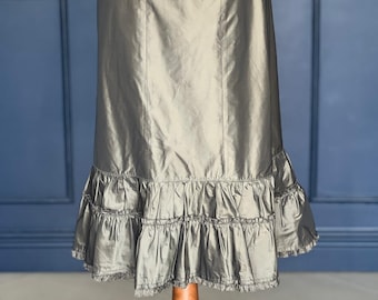 Vintage Satin Skirt by Momenti – Khaki with Ruffle Hem, Italian Design, Size L