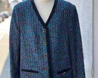 Vintage Bouclé Blazer with Velvet Trim Colorful Wool Blend Size XL