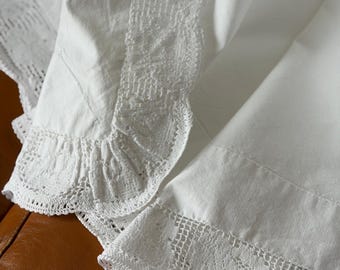 Vintage Linen Sheet Monogram Lace White French Cottage Bedding Large