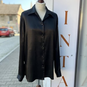 Rubini Vintage Black Satin Shirt – 100% Polyester – Classic Collar, Long Sleeve – Size 2XL – Gift Idea
