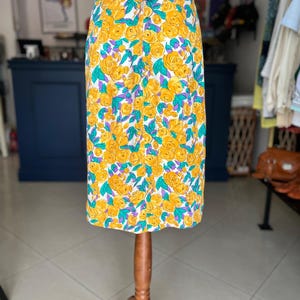 Vintage Floral Silk Skirt: Yellow, Purple & Green - Size L