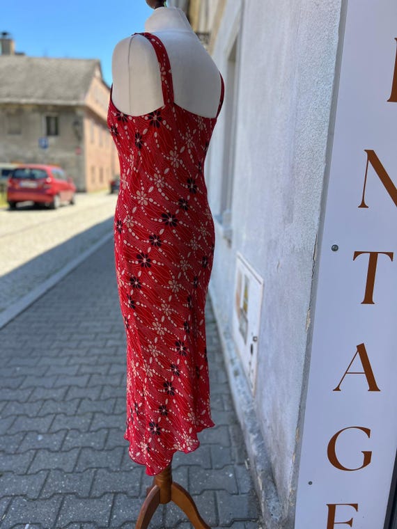 90s Red Floral Slip Dress: Vintage Midi Viscose M/L