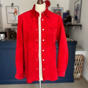 Vintage Red Suede Shirt Jacket – Natural Leather Snap Button Blouse – Long Sleeve Retro Top S/M