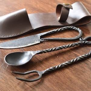 Hand-Forged Medieval Iron Cutlery Set with Leather Pouch Knife,Spoon & Fork Set| Rustic kitchen tools| Blacksmith cutlery| camping utensils.