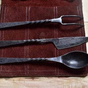 Hand Forged Medieval Iron Cutlery Set: Spoon, Knife & Fork with Suede Pouch