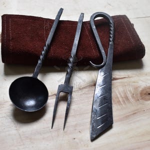 Hand Forged  Medieval Cutlery Spoon-Knife-Fork Set With Suede Pouch.| Kitchen Cutlery.| Camping & outdoor feasts.