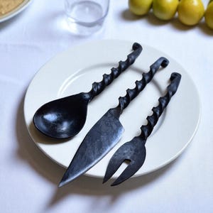 Hand Forged Medieval Cutlery Set: Viking Twisted Iron Spoon, Knife & Fork