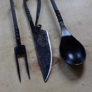 Hand Forged Medieval Cutlery Set: Spoon, Knife, Fork & Leather Pouch