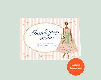 Printable Thank You Mom Card I Love You | Chic Fashion Illustration Pink Stripe Gold Circle Bow Elegant Script Gift 5x7 Download