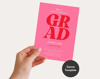 Editable Bold Pink Graduation Invitation Canva Template | Retro Typographic Grad Party Invite | Modern Pop | Class of 2026 Announcement