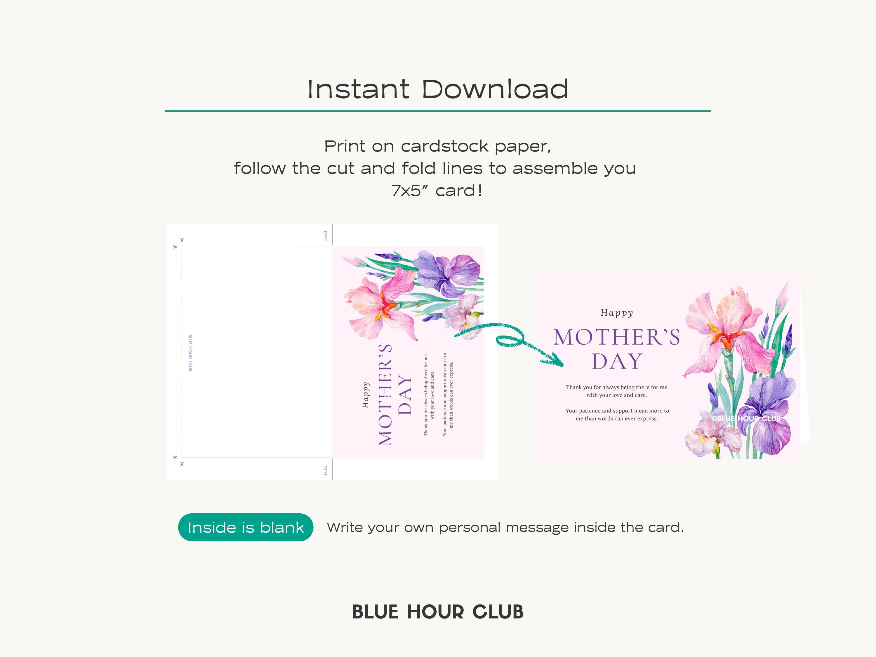 Printable Mothers Day Card | Watercolor Iris Floral Purple Lavender ...