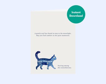 Cat Loss Sympathy Card Pet Memorial Gift, Watercolor Celestial Cat Starry Night Illustration, Bereavement Condolence Card, Comfort Keepsake