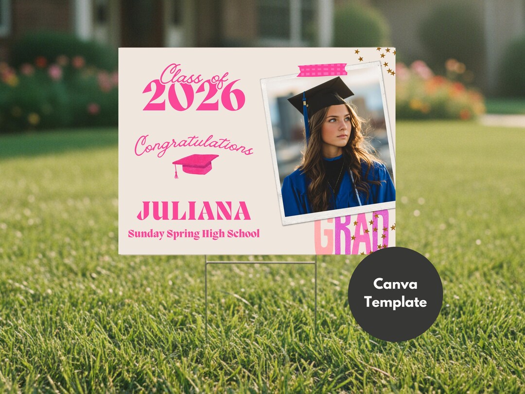 Graduation Card Cursive Editable Illustrated Cap Graduation Yard Sign | Pink Hand-drawn Cursive ...