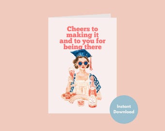 Cheers to You Graduation Thank You Card | Pink Champagne Girl Senior Note | Hand Drawn Gratitude Stationery | 5x7 Folded DIY Ready to Print