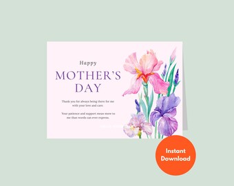 Printable Mothers Day Card | Watercolor Iris Floral Purple Lavender Pink Botanical Elegant Daughter Grateful Spring 5x7 Digital Download