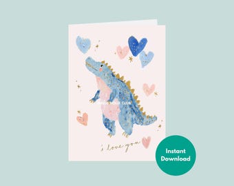 Printable Dinosaur Love Card Cute I Love You Dino Greeting Card Colorful Hand Painted Animal Card Playful Whimsical Digital Download 5x7