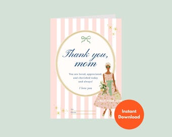 Printable I Love You Mom Card Thank You | Fashion Lady Silver Hair Pink Floral Dress Gold Circle Green Bow Stripe Star Elegant 5x7 Download