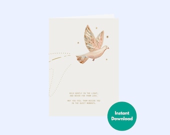 Printable Watercolor Dove Sympathy Card, Elegant Condolence Card with Soft Gold Illustration, Bereavement Memorial Greeting, Gentle Comfort