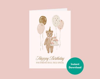 Adorable Teddy Bear Birthday Card | Cute Girl Bear with Balloons and Cake | Nostalgic Soft Pink Bday Note | 5x7 Folded DIY Ready to Print