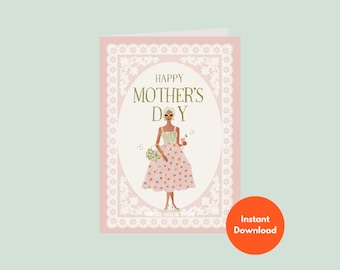 Printable Mothers Day Card | Stylish Mom Fashion Illustration Elegant Feminine Chic Woman Pink Vintage Inspired Digital Download 5x7