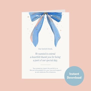 May include: A folded white card with a watercolor blue bow and gold stars. The card reads "Dear family & friends, We wanted to extend a heartfelt thank you for being a part of our special day." A blue circle with "Instant Download" is in the corner.
