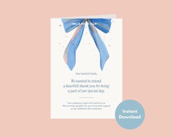 Soft Blue Ribbon Graduation Thank You Card | Elegant Watercolor Bow Stationery | Minimal Senior Gratitude Note | 5x7 Folded Ready to Print