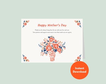 Printable Thank You Mom Card I Love You | Chic Fashion Illustration Pink Stripe Gold Circle Bow Elegant Script Gift 5x7 Download