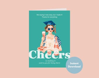 Retro Folk Art Graduation Thank You Card | Printable Senior Cheers Note | Hand Drawn Chic Grad Card | 5x7 Folded Greeting | Ready to Print